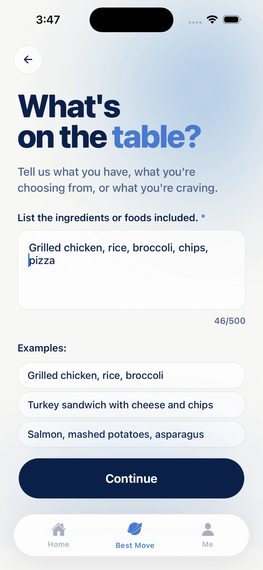 The Best Move app screen asking “What’s on the table?” with a text box listing grilled chicken, rice, broccoli, chips, and pizza